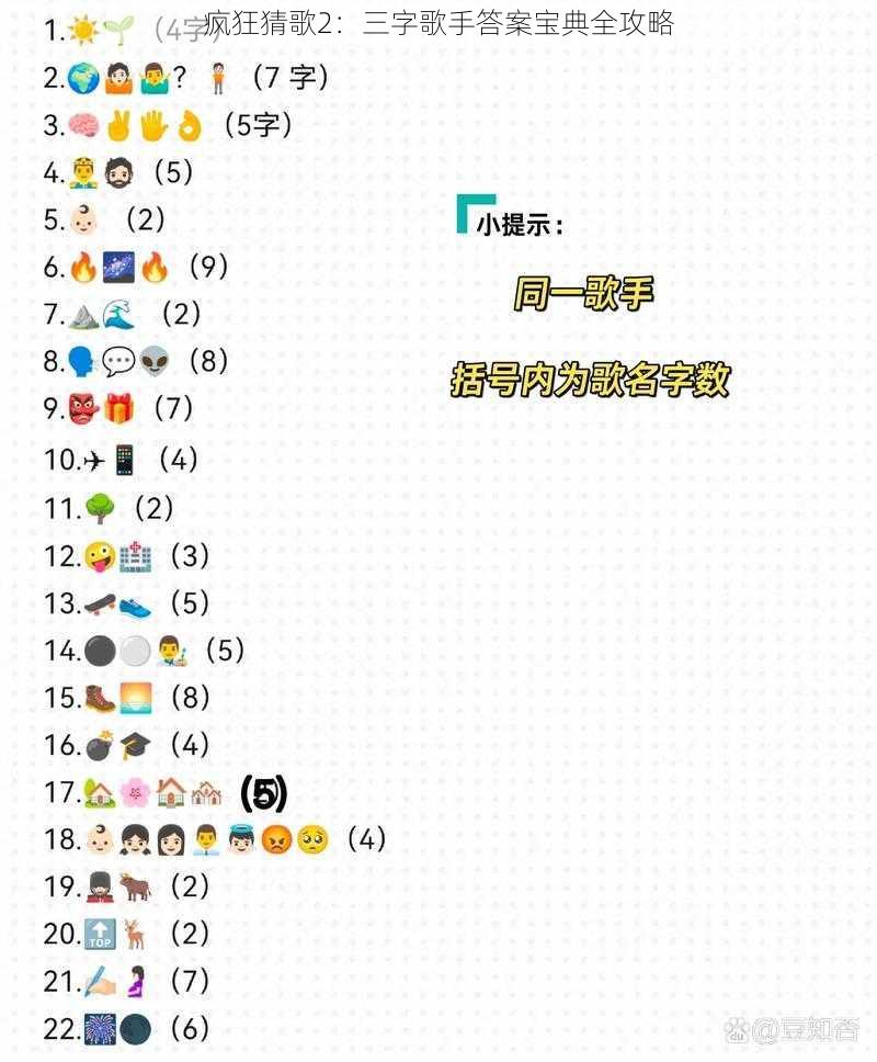 疯狂猜歌2：三字歌手答案宝典全攻略